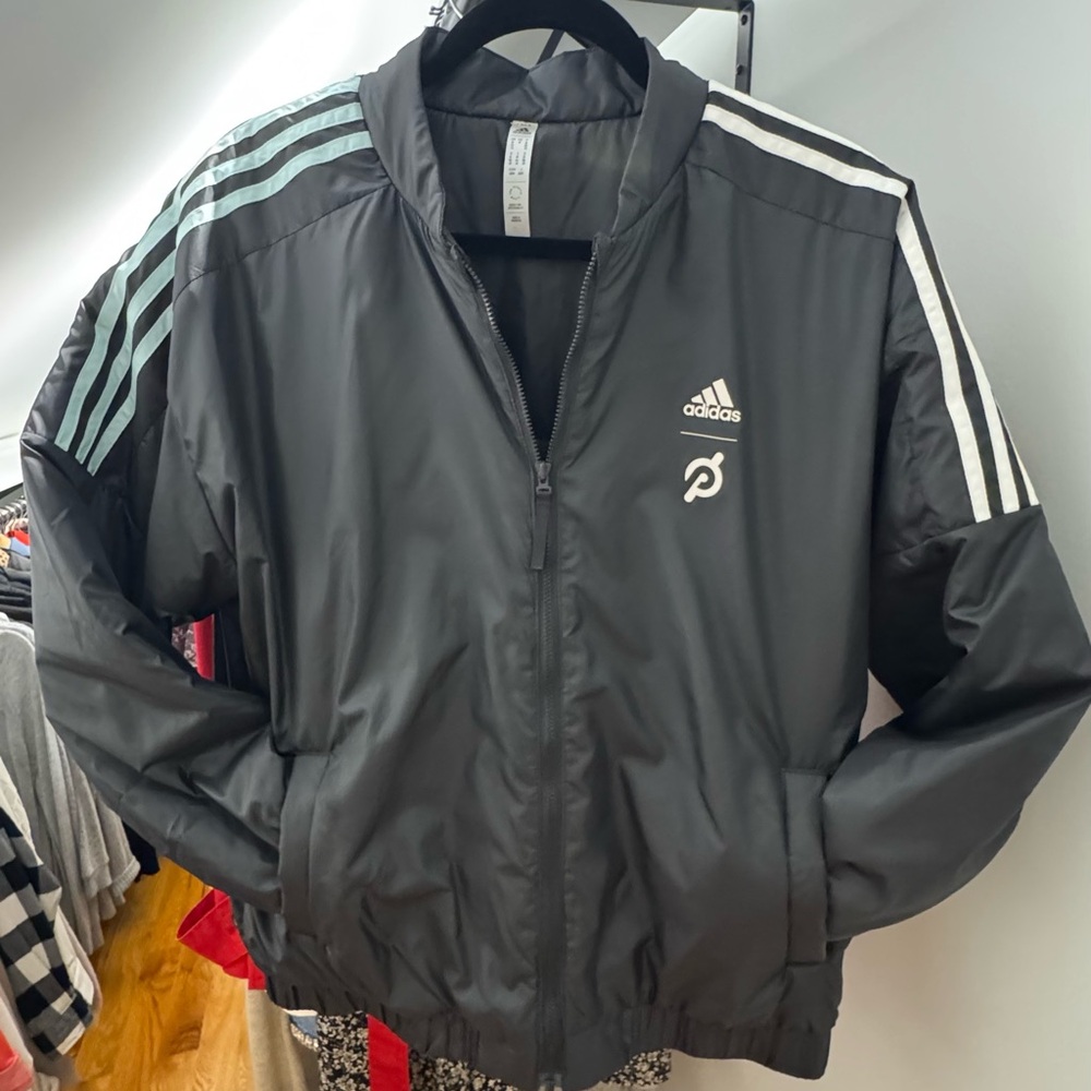 Adidas for Peloton Black Windbreaker with White / Blue Stripes